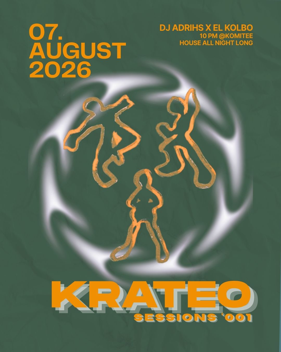Flyer for KRATEO Sessions 001 on 7 August 2026 at Komitee, Munich, with DJ ADriHS and El Kolbo