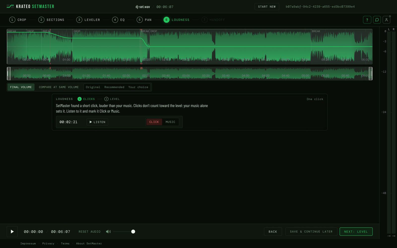 The Setmaster loudness step on its first page, Clicks: a line of text that asks you to listen to each click and mark it Click or Music, and below it a click with its time, a Listen button and the choice Click or Music.