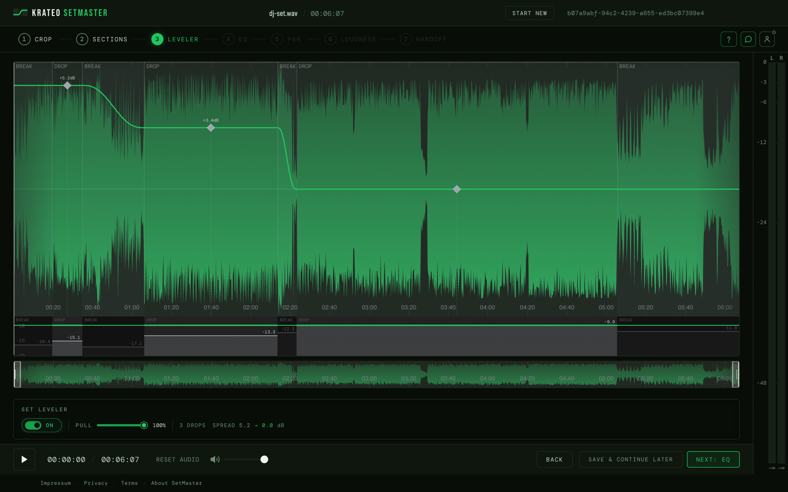 The Setmaster editor at step 3, Leveler: the waveform marked into drops and breaks, a green gain line with one handle per drop, a lane below with the loudness of each section, and the Set Leveler bar with its on switch and the pull fader.